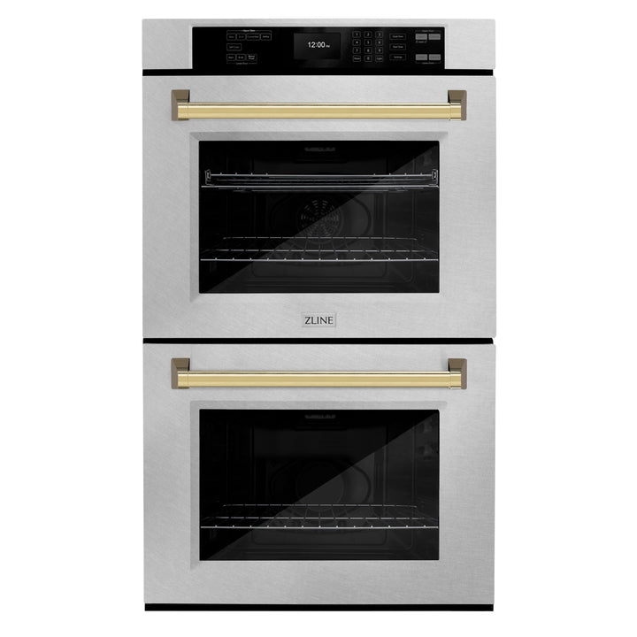 ZLINE 30" Autograph Double Wall Oven with Air Fry and Self-Clean in DuraSnow® Stainless Steel and Gold Handle, WADSZ-30-G