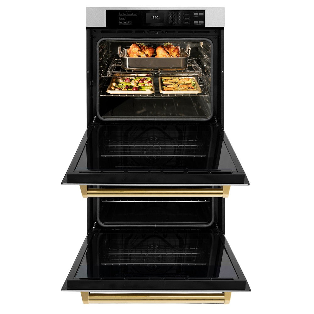 ZLINE Autograph Edition 30 in. Professional True Convection Double Wall Oven with Air Fry and Self Clean in Stainless Steel with Polished Gold Handles (WADZ-30-G)