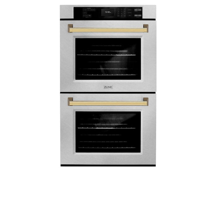 ZLINE Autograph Edition 30 in. Professional True Convection Double Wall Oven with Air Fry and Self Clean in Stainless Steel with Polished Gold Handles (WADZ-30-G)