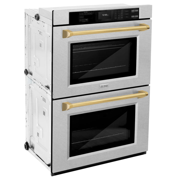 ZLINE 30" Autograph Double Wall Oven with Air Fry and Self-Clean in DuraSnow® Stainless Steel and Gold Handle, WADSZ-30-G