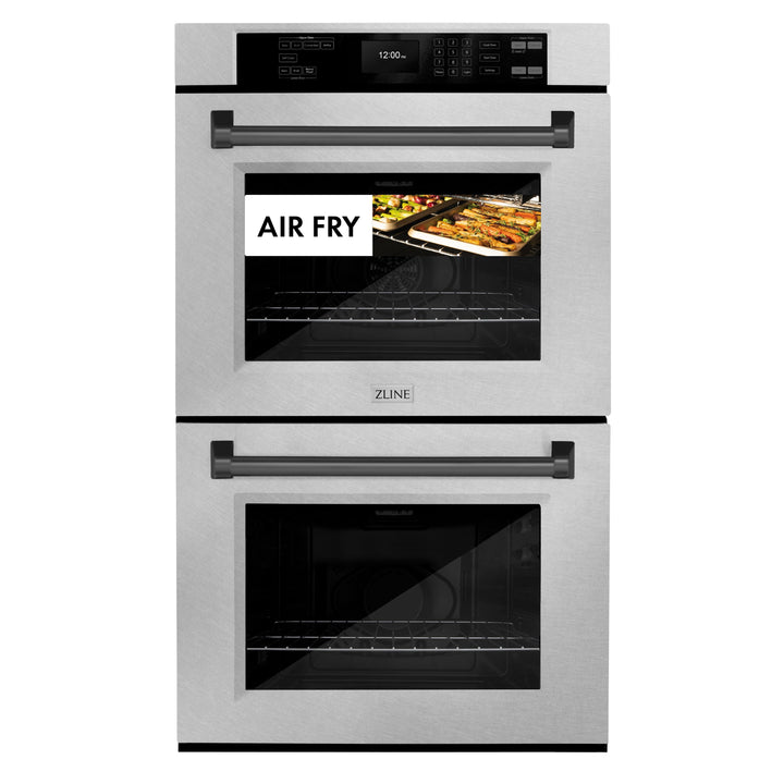 ZLINE 30" Autograph Double Wall Oven with Air Fry and Self-Clean in DuraSnow® Stainless Steel and Black Matte Handle, WADSZ-30-MB