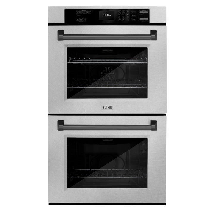 ZLINE 30" Autograph Double Wall Oven with Air Fry and Self-Clean in DuraSnow® Stainless Steel and Black Matte Handle, WADSZ-30-MB