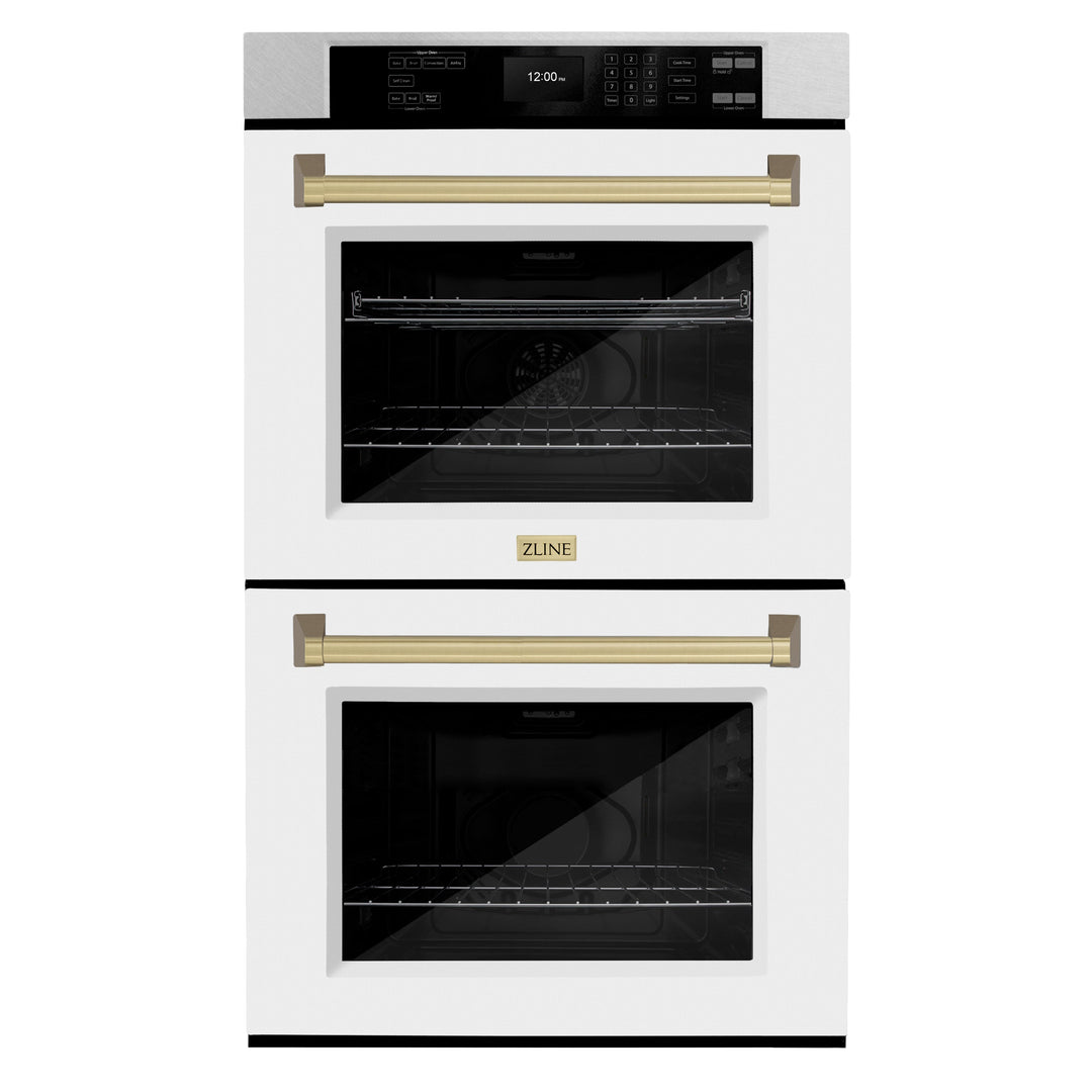 ZLINE 30" Autograph Double Wall Oven with Air Fry and Self-Clean in DuraSnow® Stainless Steel with White Matte Door and Champagne Bronze Handle, WADSZ-WM-30-CB