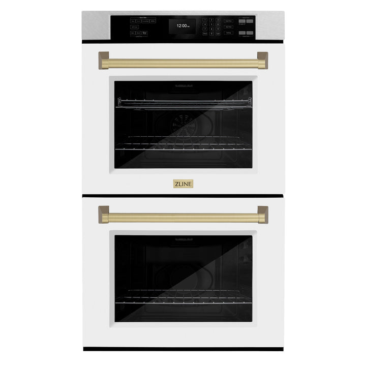 ZLINE 30" Autograph Double Wall Oven with Air Fry and Self-Clean in DuraSnow® Stainless Steel with White Matte Door and Champagne Bronze Handle, WADSZ-WM-30-CB