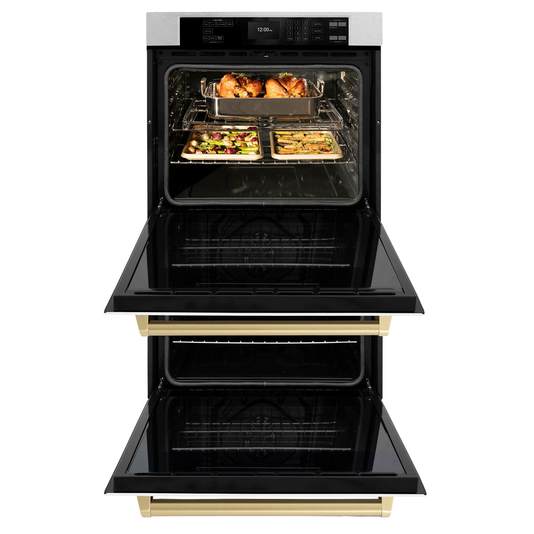 ZLINE 30" Autograph Double Wall Oven with Air Fry and Self-Clean in DuraSnow® Stainless Steel with White Matte Door and Champagne Bronze Handle, WADSZ-WM-30-CB