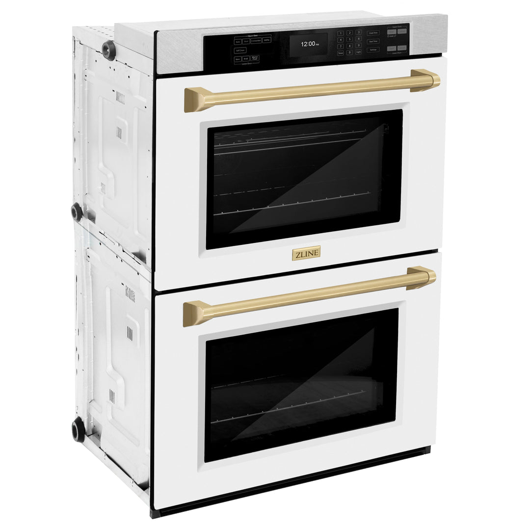 ZLINE 30" Autograph Double Wall Oven with Air Fry and Self-Clean in DuraSnow® Stainless Steel with White Matte Door and Champagne Bronze Handle, WADSZ-WM-30-CB