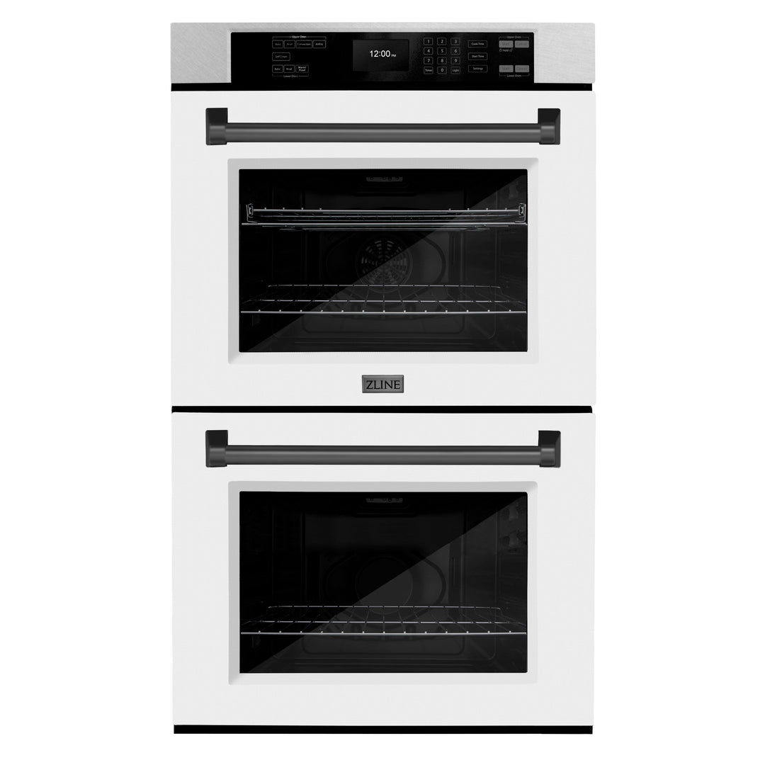 ZLINE 30" Autograph Double Wall Oven with Air Fry and Self-Clean in DuraSnow® Stainless Steel with White Matte Door and Black Matte Handle, WADSZ-WM-30-MB