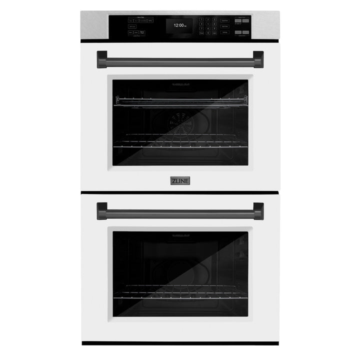 ZLINE 30" Autograph Double Wall Oven with Air Fry and Self-Clean in DuraSnow® Stainless Steel with White Matte Door and Black Matte Handle, WADSZ-WM-30-MB