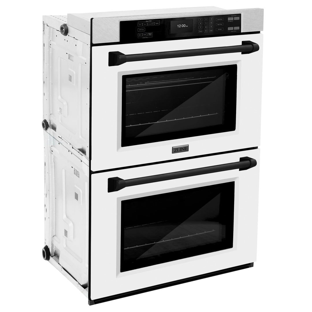 ZLINE 30" Autograph Double Wall Oven with Air Fry and Self-Clean in DuraSnow® Stainless Steel with White Matte Door and Black Matte Handle, WADSZ-WM-30-MB