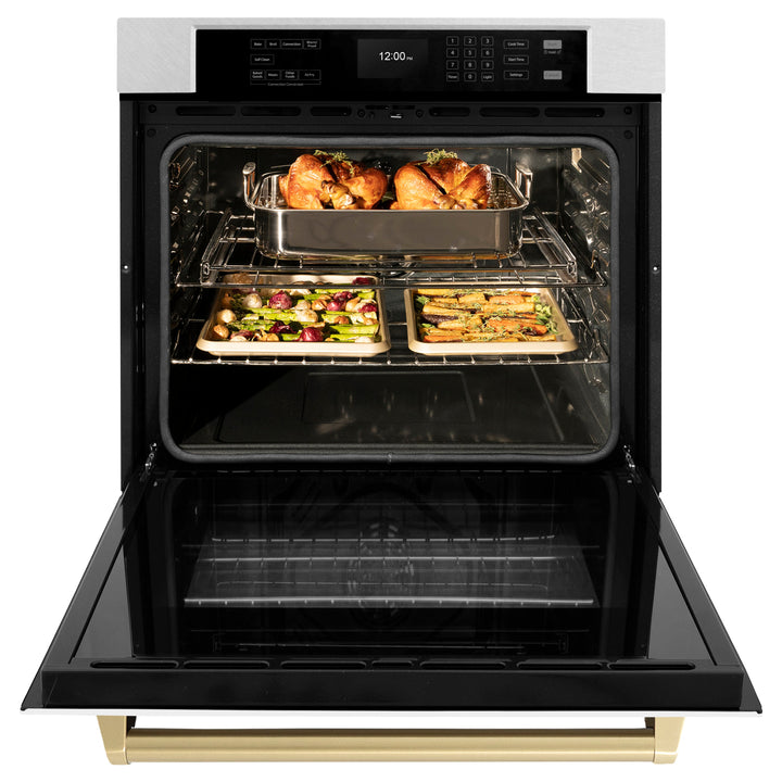 ZLINE 30" Autograph Single Wall Oven with Air Fry and Self-Clean in DuraSnow® Stainless Steel with White Matte Door and Champagne Bronze Handle, WASSZ-WM-30-CB