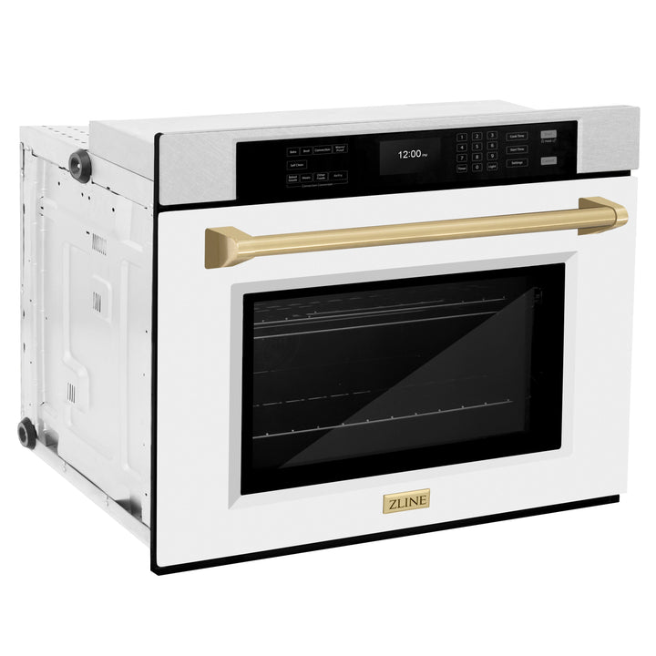 ZLINE 30" Autograph Single Wall Oven with Air Fry and Self-Clean in DuraSnow® Stainless Steel with White Matte Door and Champagne Bronze Handle, WASSZ-WM-30-CB