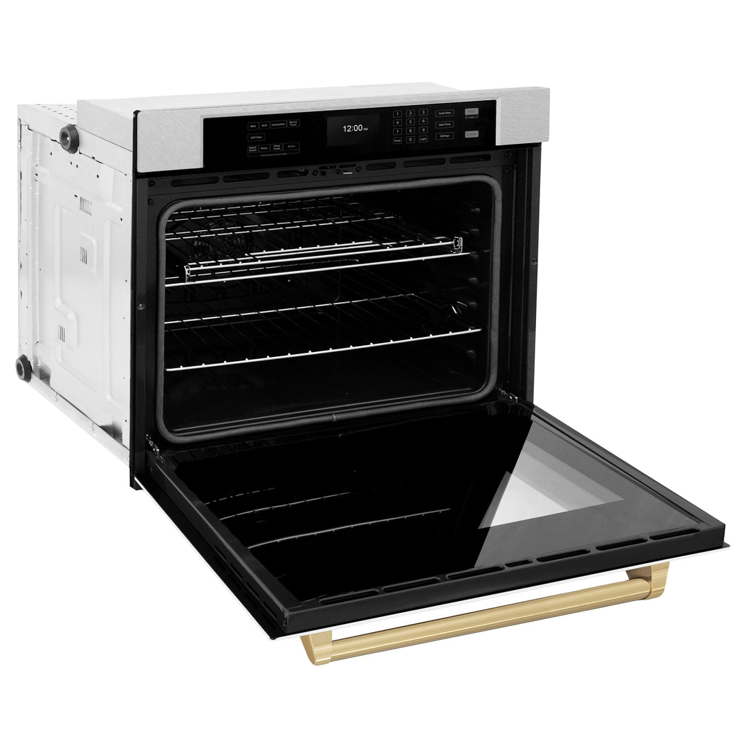 ZLINE 30" Autograph Single Wall Oven with Air Fry and Self-Clean in DuraSnow® Stainless Steel with White Matte Door and Champagne Bronze Handle, WASSZ-WM-30-CB