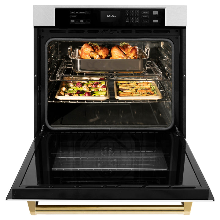 ZLINE 30" Autograph Single Wall Oven with Air Fry and Self-Clean in DuraSnow® Stainless Steel with White Matte Door and Gold Handle, WASSZ-WM-30-G