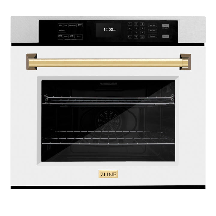 ZLINE 30" Autograph Single Wall Oven with Air Fry and Self-Clean in DuraSnow® Stainless Steel with White Matte Door and Gold Handle, WASSZ-WM-30-G