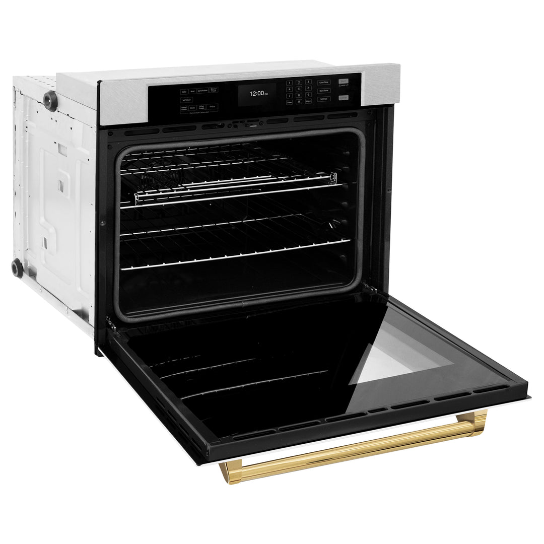 ZLINE 30" Autograph Single Wall Oven with Air Fry and Self-Clean in DuraSnow® Stainless Steel with White Matte Door and Gold Handle, WASSZ-WM-30-G