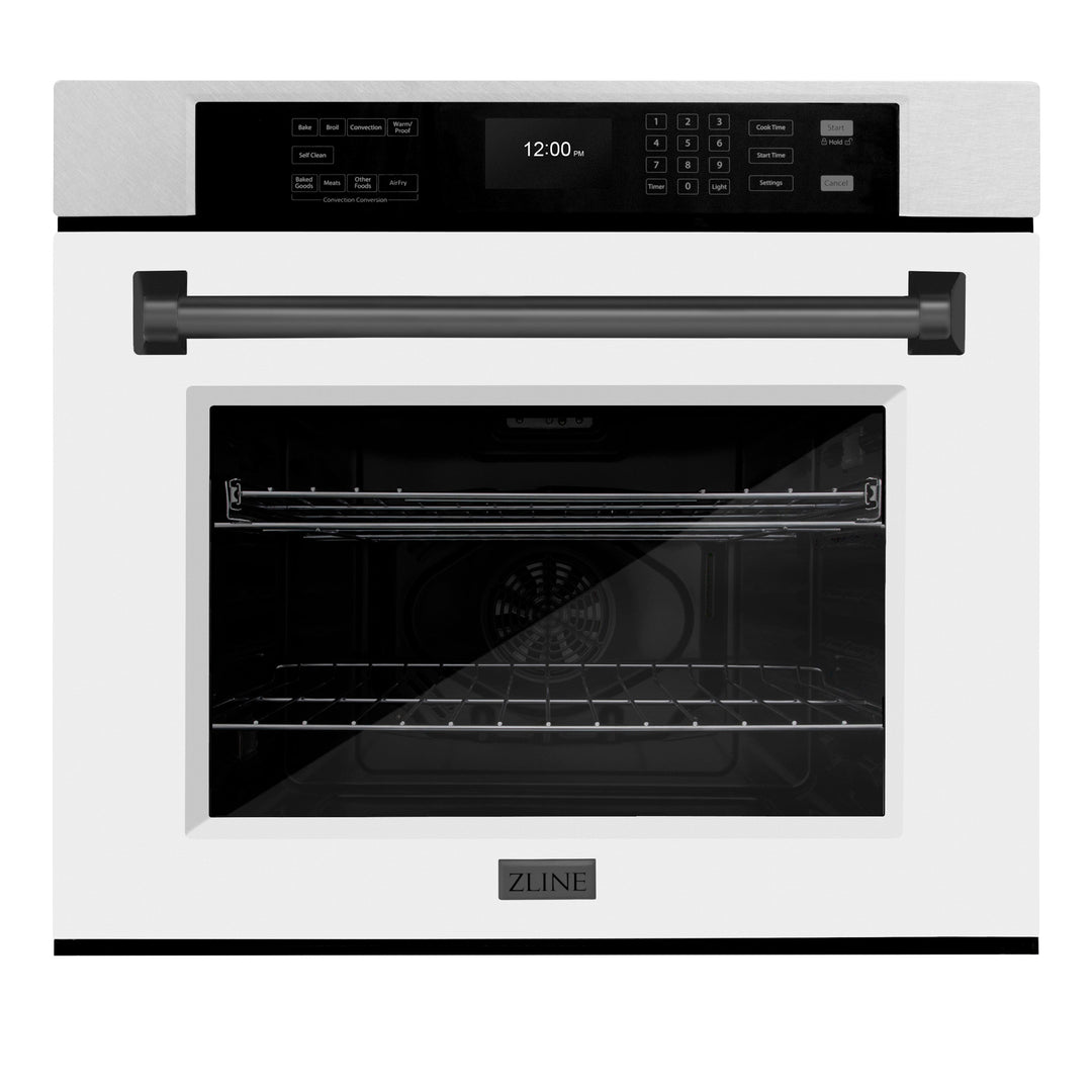 ZLINE 30" Autograph Single Wall Oven with Air Fry and Self-Clean in DuraSnow® Stainless Steel with White Matte Door and Black Matte Handle, WASSZ-WM-30-MB