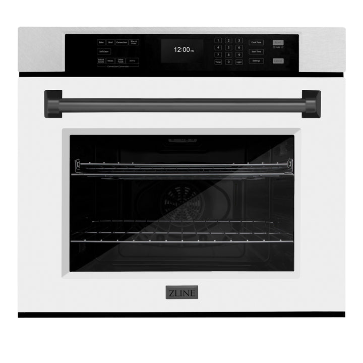 ZLINE 30" Autograph Single Wall Oven with Air Fry and Self-Clean in DuraSnow® Stainless Steel with White Matte Door and Black Matte Handle, WASSZ-WM-30-MB