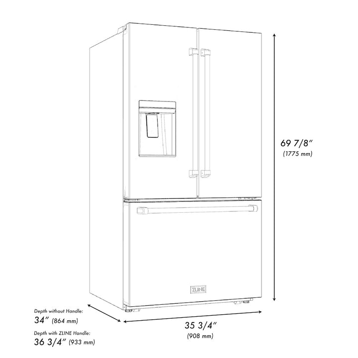 ZLINE Autograph 36" 28.9 cu. ft. Standard-Depth Refrigerator with Water Dispenser, Dual Ice Maker in Black with Champagne Bronze Handles