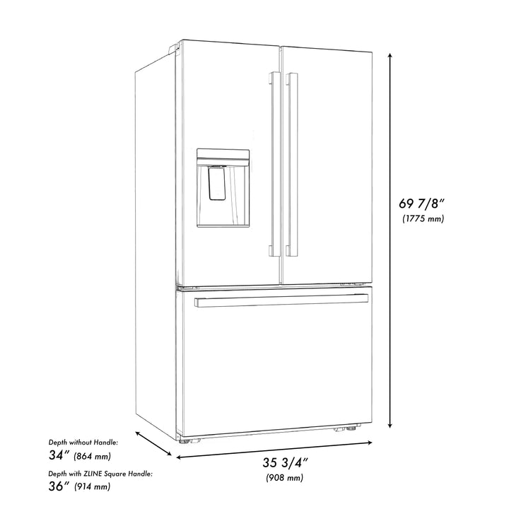 ZLINE Autograph 36" 28.9 cu. ft. Standard-Depth Refrigerator with Water Dispenser, Dual Ice Maker in Black with Gold Square Handles