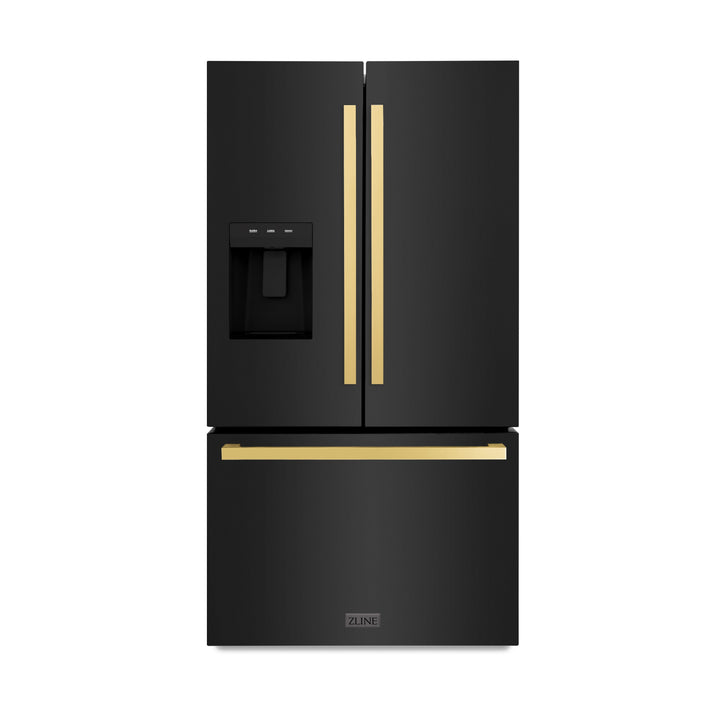 ZLINE Autograph 36" 28.9 cu. ft. Standard-Depth Refrigerator with Water Dispenser, Dual Ice Maker in Black with Gold Square Handles