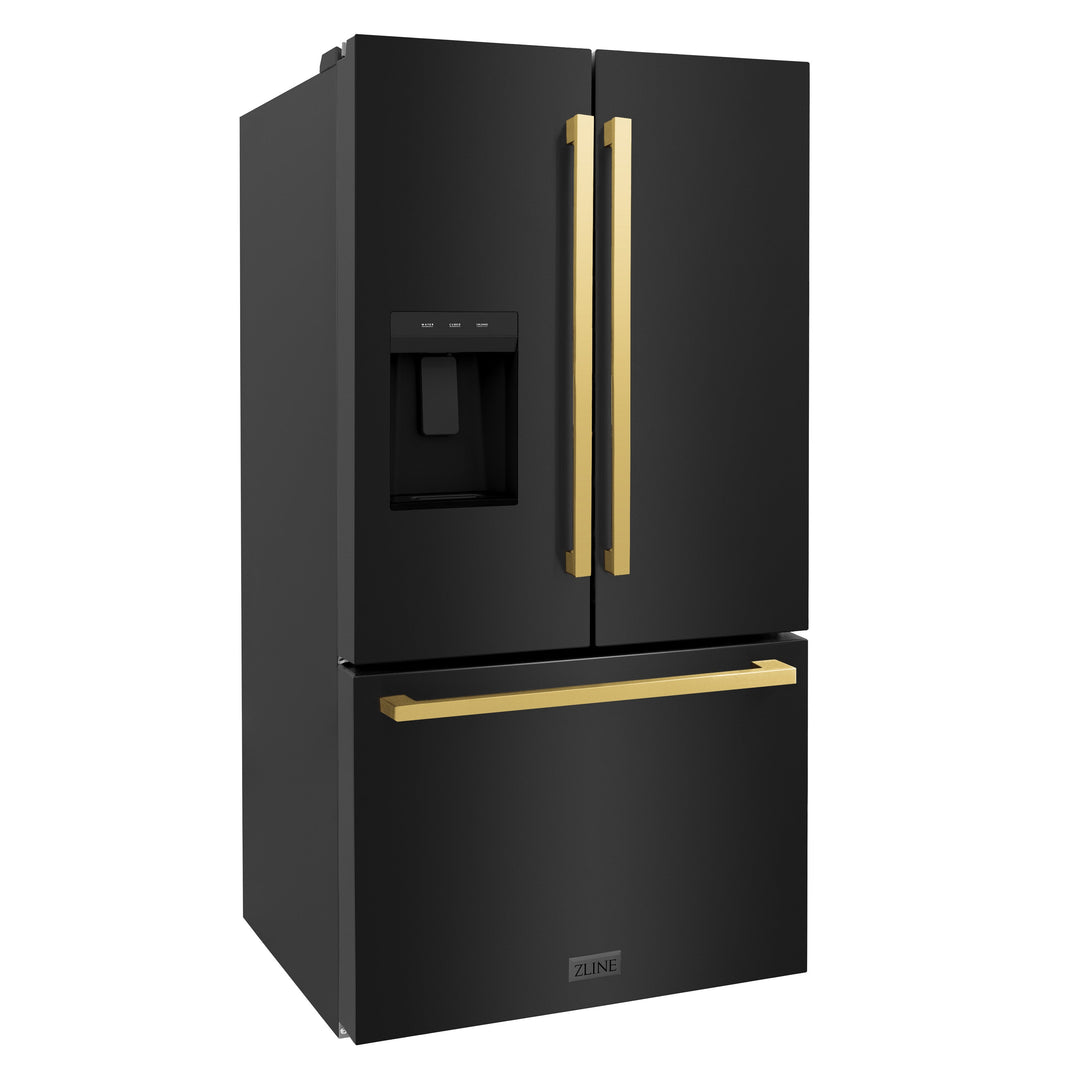 ZLINE Autograph 36" 28.9 cu. ft. Standard-Depth Refrigerator with Water Dispenser, Dual Ice Maker in Black with Gold Square Handles