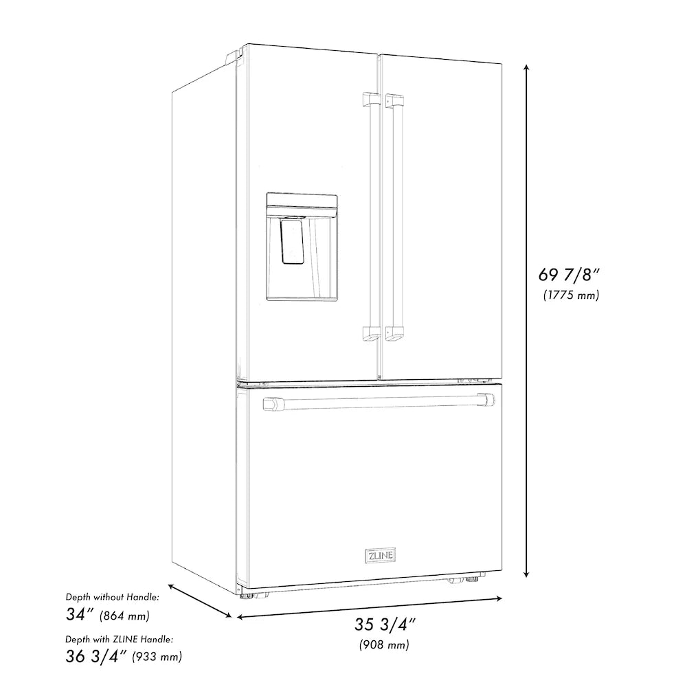 ZLINE Autograph 36" 28.9 cu. ft. Standard-Depth Refrigerator with Water Dispenser, Dual Ice Maker in Black with Gold Handles