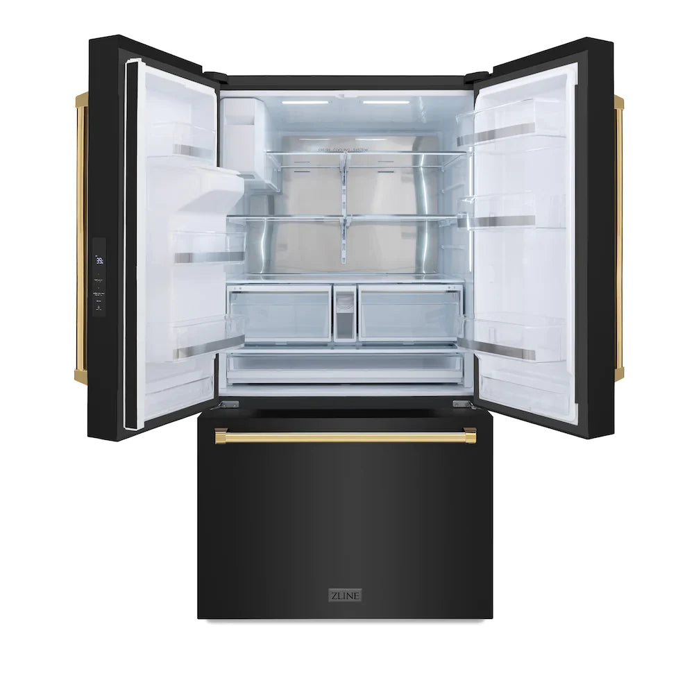 ZLINE Autograph 36" 28.9 cu. ft. Standard-Depth Refrigerator with Water Dispenser, Dual Ice Maker in Black with Gold Handles