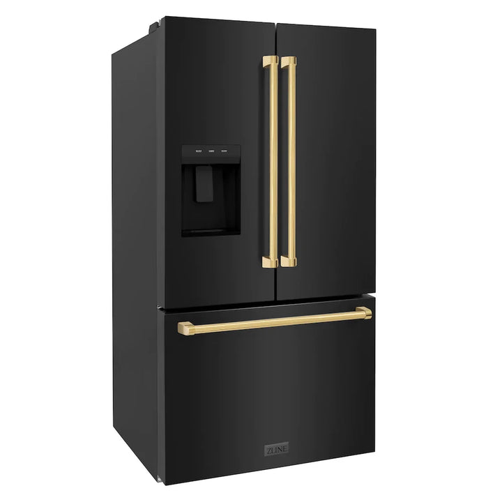 ZLINE Autograph 36" 28.9 cu. ft. Standard-Depth Refrigerator with Water Dispenser, Dual Ice Maker in Black with Gold Handles