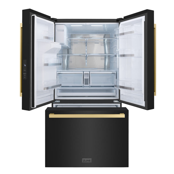 ZLINE Autograph 36" 28.9 cu. ft. Standard-Depth Refrigerator with Water Dispenser, Dual Ice Maker in Black with Champagne Bronze Square Handles