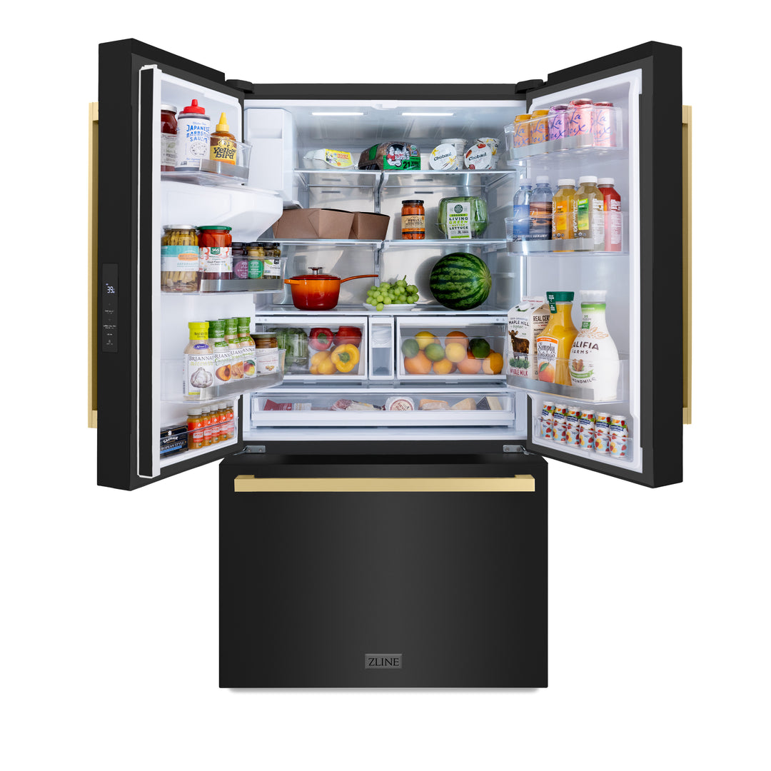 ZLINE Autograph 36" 28.9 cu. ft. Standard-Depth Refrigerator with Water Dispenser, Dual Ice Maker in Black with Champagne Bronze Square Handles