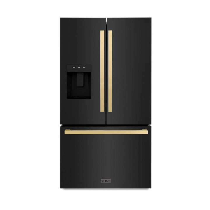 ZLINE Autograph 36" 28.9 cu. ft. Standard-Depth Refrigerator with Water Dispenser, Dual Ice Maker in Black with Champagne Bronze Square Handles