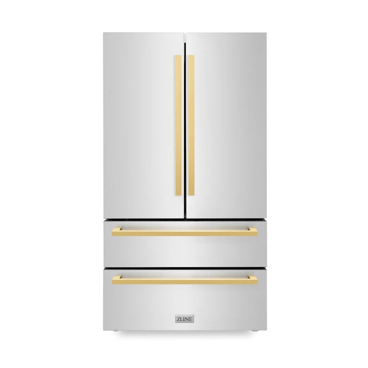 ZLINE Autograph Edition 36 in. 22.5 cu. ft. Counter-Depth French Door Refrigerator with Ice Maker in Fingerprint-Resistant Stainless Steel with Polished Gold Modern Handles (RFMZ-36-FG)