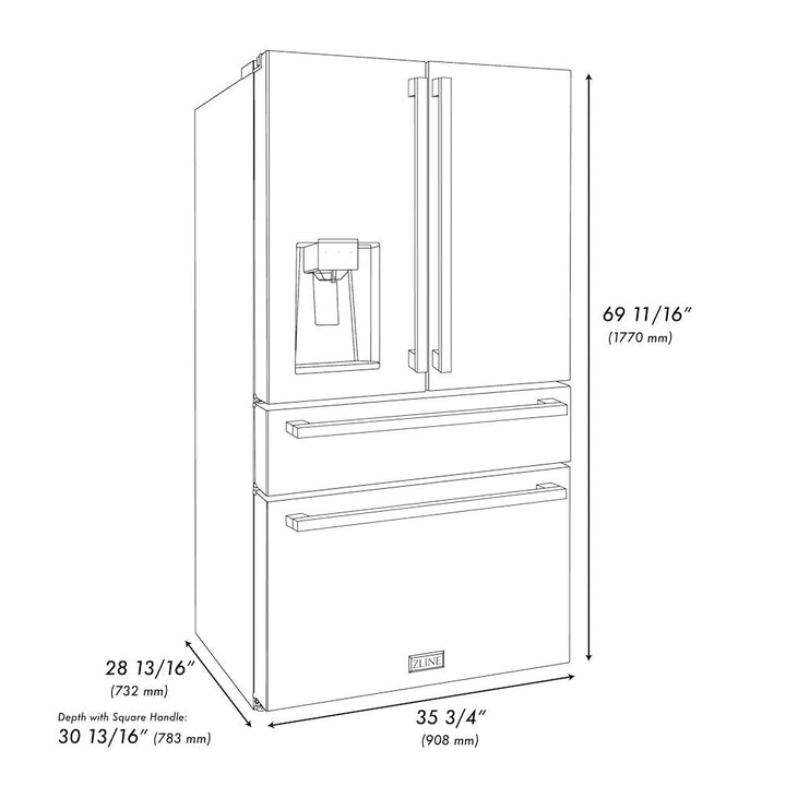 ZLINE 36" Autograph Refrigerator, Water and Ice Dispenser, Gold Square Handles, RFMZ-W-36-FG