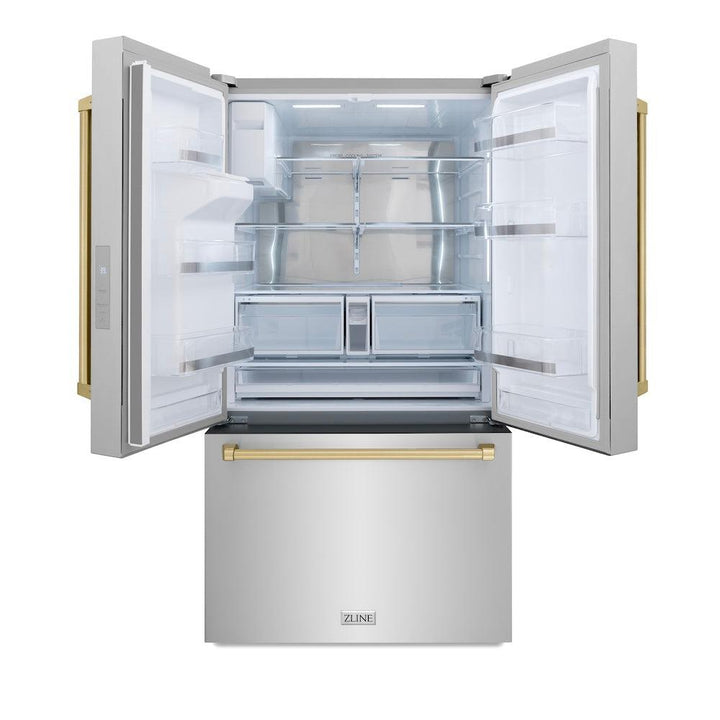 ZLINE Autograph Edition 36 in. 28.9 cu. ft. Standard-Depth French Door External Water Dispenser Refrigerator with Dual Ice Maker in Fingerprint-Resistant Stainless Steel and Champagne Bronze Traditional Handles (RSMZ-W-36-CB)