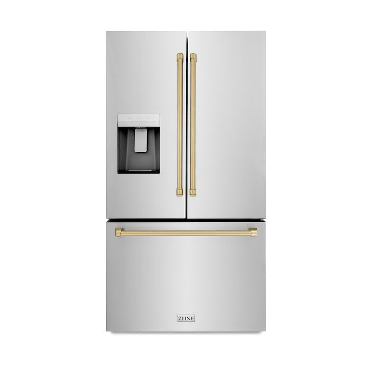 ZLINE Autograph 36" 28.9 cu. ft. Standard-Depth Refrigerator with Water Dispenser, Dual Ice Maker in Stainless Steel with Champagne Bronze Handles