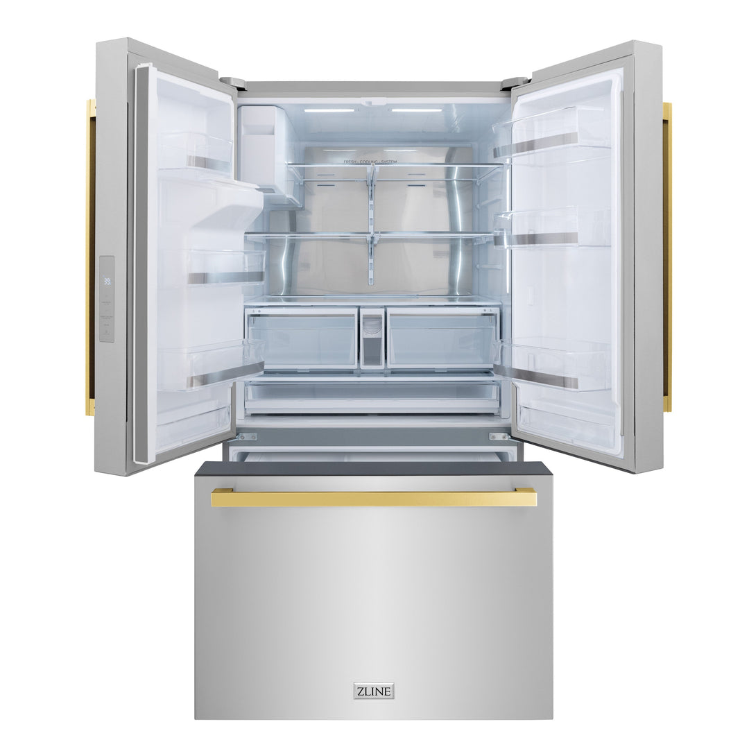 ZLINE Autograph 36" 28.9 cu. ft. Standard-Depth Refrigerator with Water Dispenser, Dual Ice Maker in Stainless Steel with Gold Square Handles