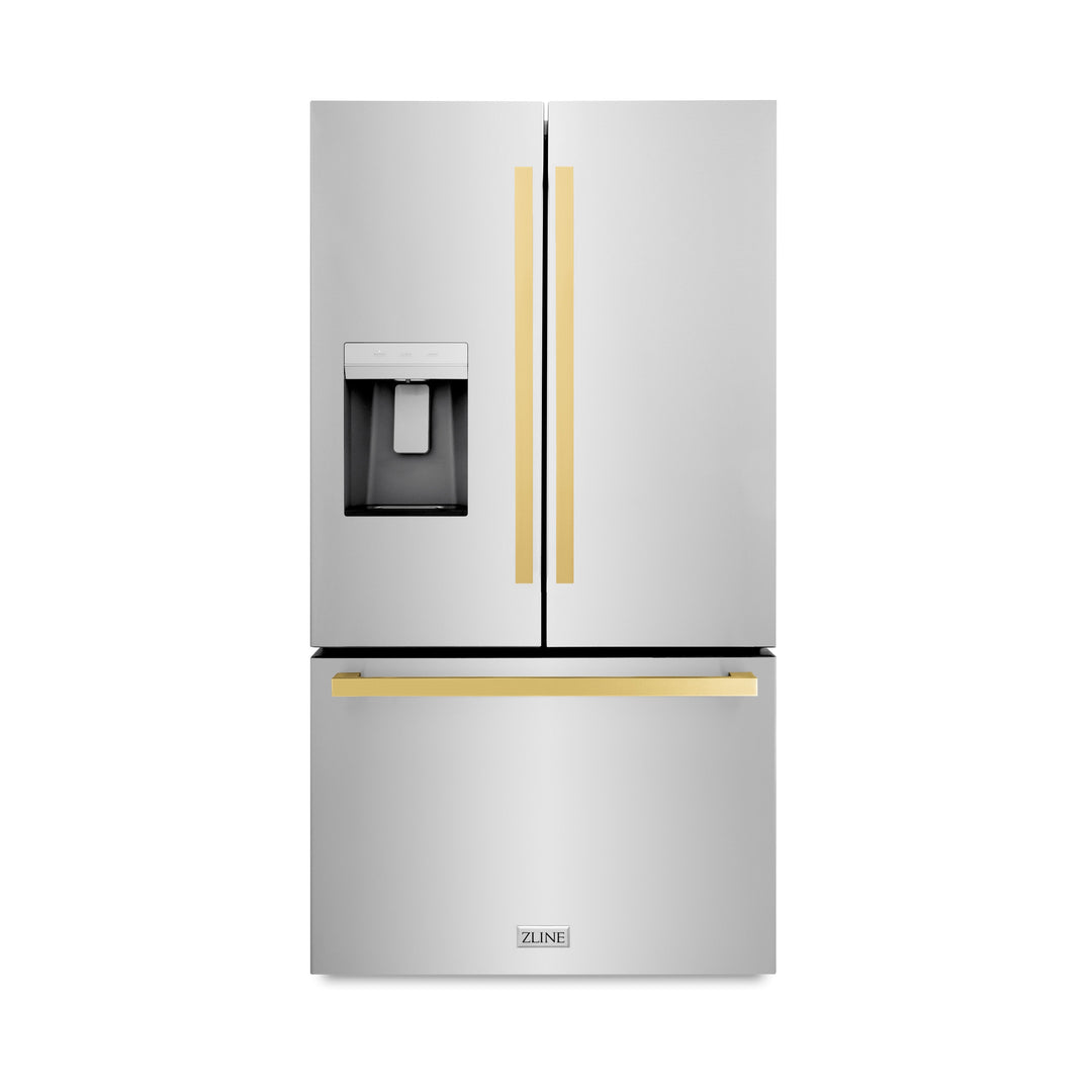 ZLINE Autograph 36" 28.9 cu. ft. Standard-Depth Refrigerator with Water Dispenser, Dual Ice Maker in Stainless Steel with Gold Square Handles