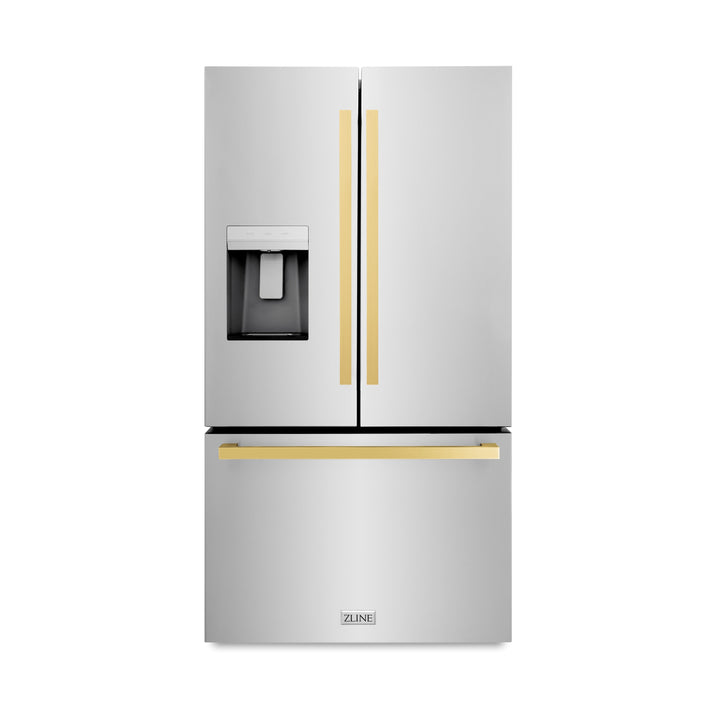 ZLINE Autograph 36" 28.9 cu. ft. Standard-Depth Refrigerator with Water Dispenser, Dual Ice Maker in Stainless Steel with Gold Square Handles