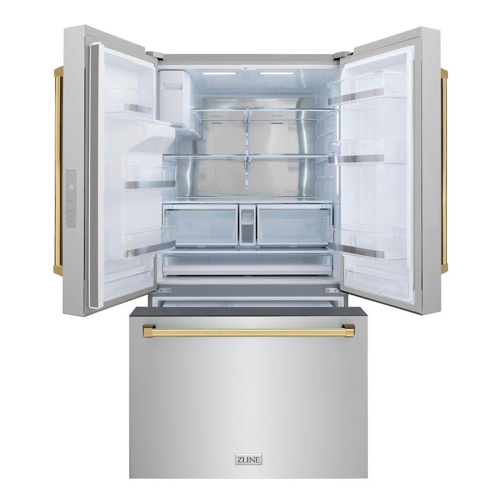 ZLINE Autograph Edition 36 in. 28.9 cu. ft. Standard-Depth French Door External Water Dispenser Refrigerator with Dual Ice Maker in Fingerprint-Resistant Stainless Steel and Polished Gold Traditional Handles (RSMZ-W-36-G)