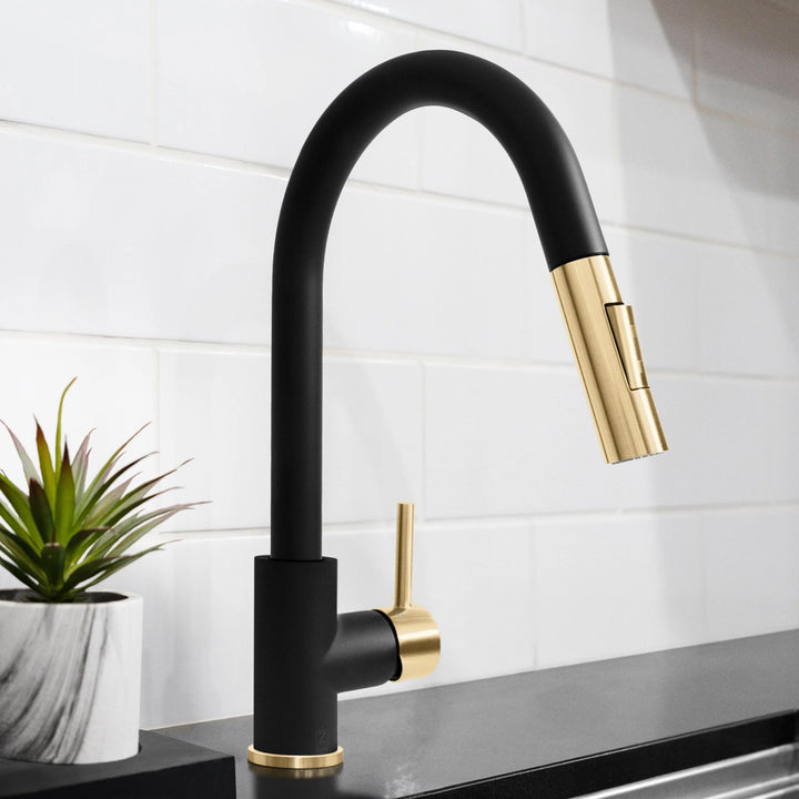 ZLINE Autograph Edition Gemini Pull-Down Single Handle Kitchen Faucet in Matte Black and Champagne Bronze