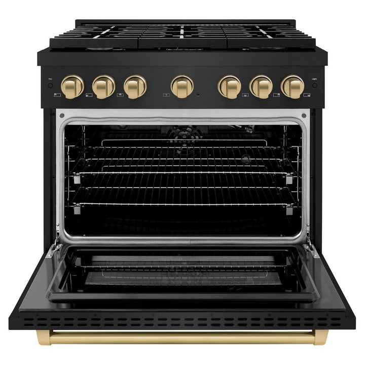 ZLINE Autograph 36" 5.2 cu. ft. Paramount Dual Fuel Range with 6 Burners in Black Stainless Steel with Champagne Bronze Accents, SDRBZ-36-CB