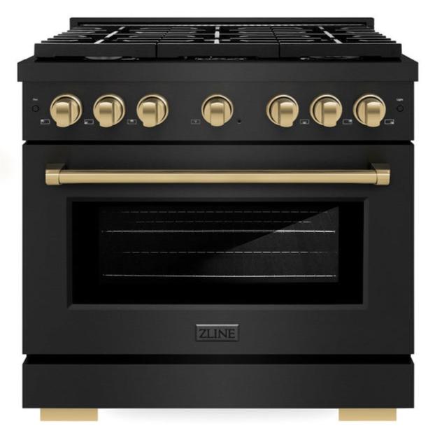 ZLINE Autograph 36" 5.2 cu. ft. Paramount Dual Fuel Range with 6 Burners in Black Stainless Steel with Champagne Bronze Accents, SDRBZ-36-CB