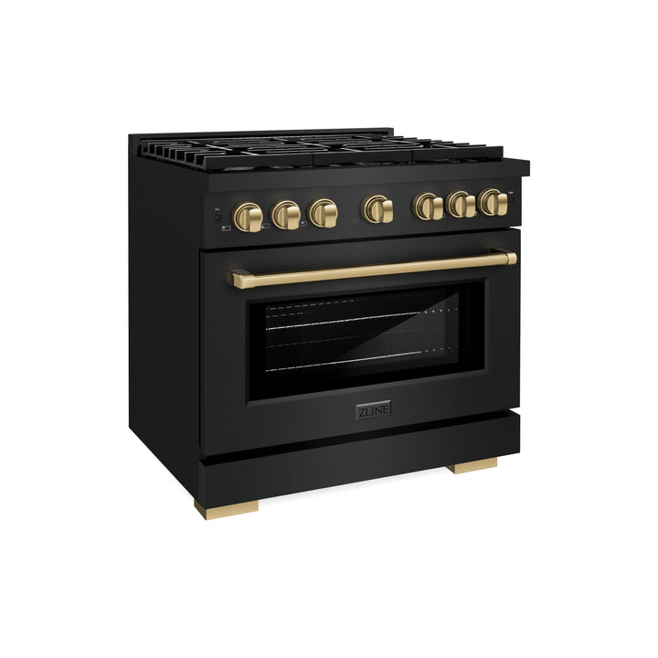 ZLINE Autograph 36" 5.2 cu. ft. Paramount Dual Fuel Range with 6 Burners in Black Stainless Steel with Champagne Bronze Accents, SDRBZ-36-CB