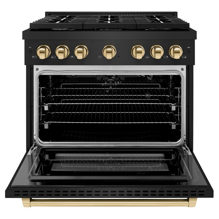 ZLINE Autograph 36" 5.2 cu. ft. Paramount Dual Fuel Range with 6 Burners in Black Stainless Steel with Polished Gold Accents, SDRBZ-36-G