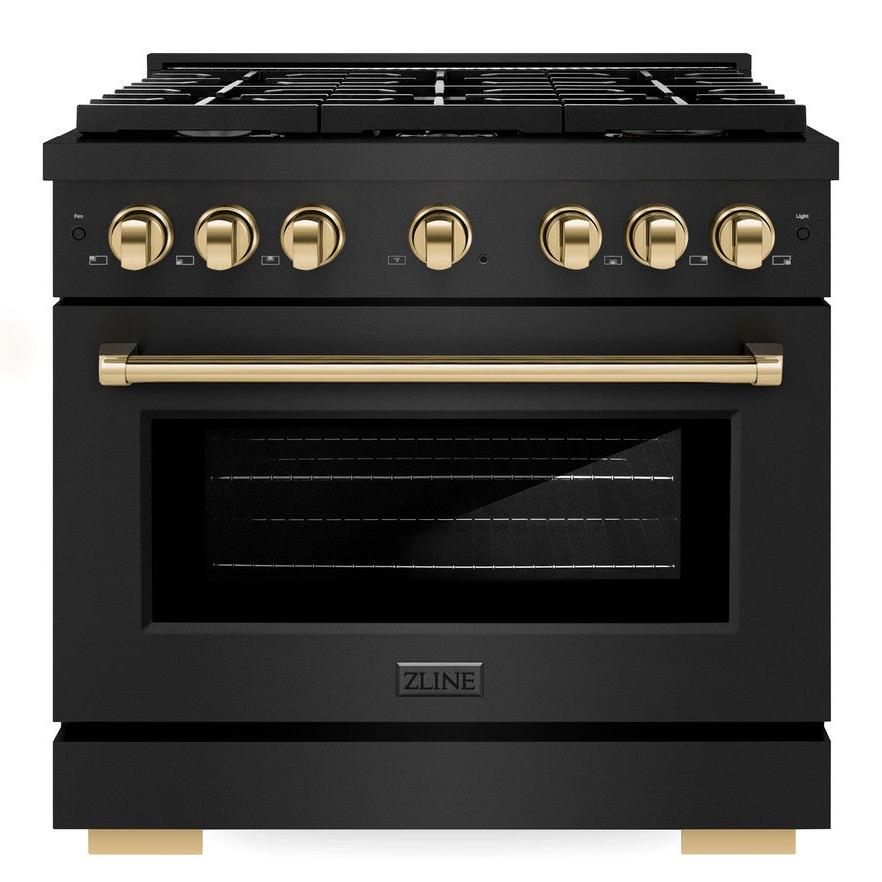 ZLINE Autograph 36" 5.2 cu. ft. Paramount Dual Fuel Range with 6 Burners in Black Stainless Steel with Polished Gold Accents, SDRBZ-36-G