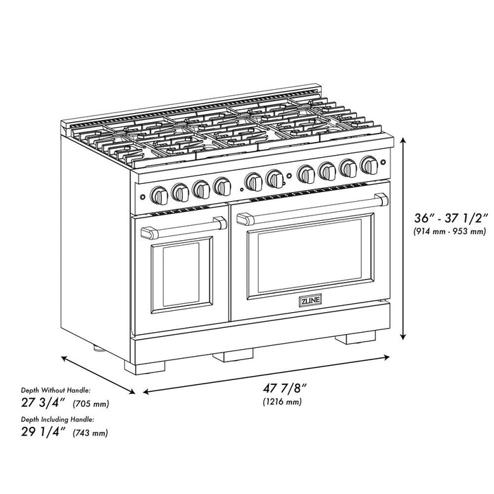 ZLINE Autograph 48" 6.7 cu. ft. Paramount Double Oven Dual Fuel Range with 8 Burners in Black Stainless Steel and Champagne Bronze Accents, SDRBZ-48-CB