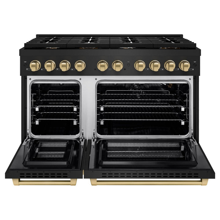 ZLINE Autograph 48" 6.7 cu. ft. Paramount Double Oven Dual Fuel Range with 8 Burners in Black Stainless Steel and Champagne Bronze Accents, SDRBZ-48-CB