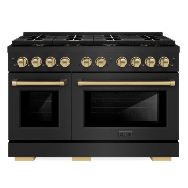 ZLINE Autograph 48" 6.7 cu. ft. Paramount Double Oven Dual Fuel Range with 8 Burners in Black Stainless Steel and Champagne Bronze Accents, SDRBZ-48-CB