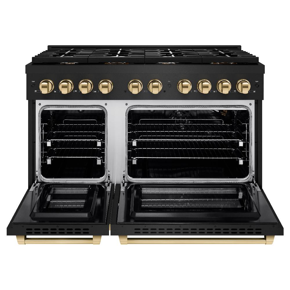 ZLINE Autograph 48" 6.7 cu. ft. Paramount Double Oven Dual Fuel Range with 8 Burners in Black Stainless Steel and Polished Gold Accents, SDRBZ-48-G