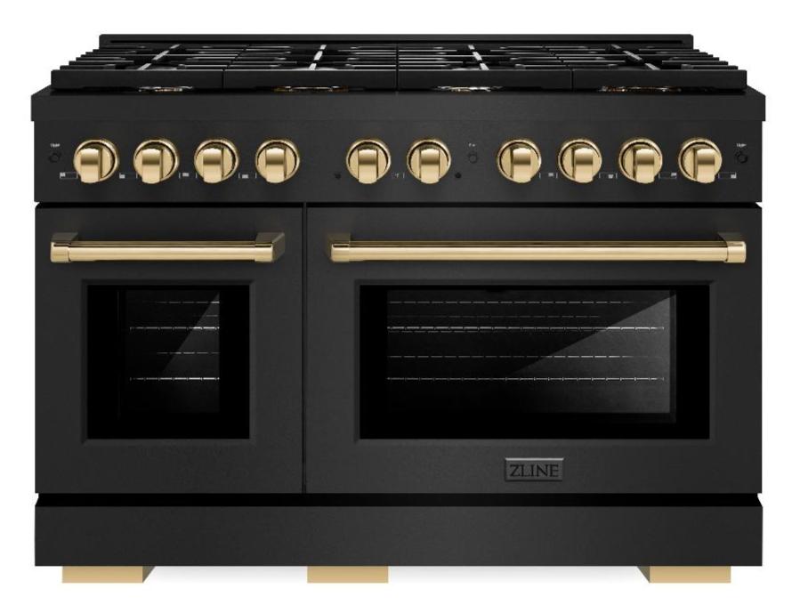 ZLINE Autograph 48" 6.7 cu. ft. Paramount Double Oven Dual Fuel Range with 8 Burners in Black Stainless Steel and Polished Gold Accents, SDRBZ-48-G